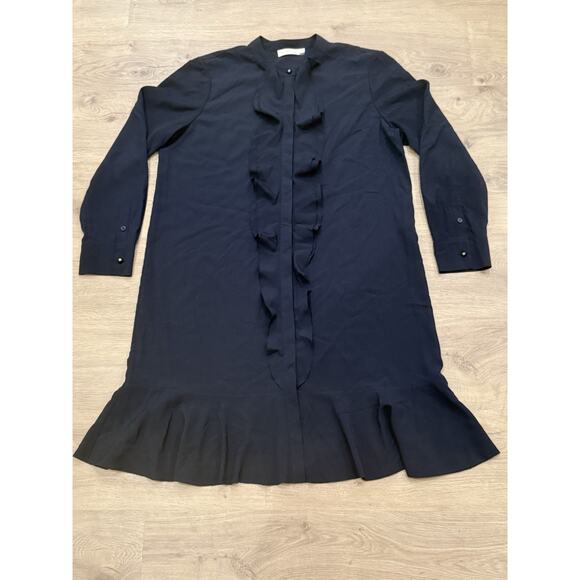 Tory Burch Jane Ruffled Crepe de Chine Shirt Dress Navy Women’s 16 Luxury Office - Picture 1 of 8